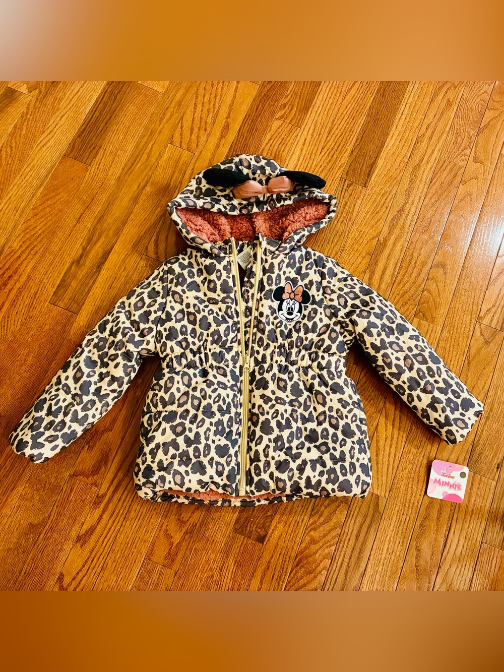 NWT Disney Minnie Mouse Leopard-Print Hooded Kids Jacket - Pink Lining Size 5